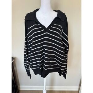 Black White Striped Polo Collar V-Neck Oversized Knit Sweater Long Sleeve